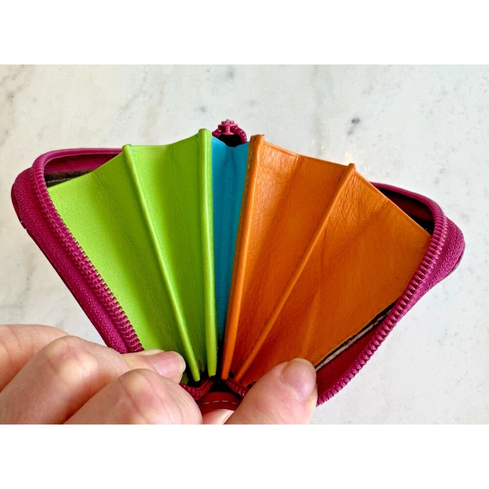 Soft Italian Leather Verde Pelle Large Zippered Wallet Clutch Burgundy Multi - Picture 3 of 12